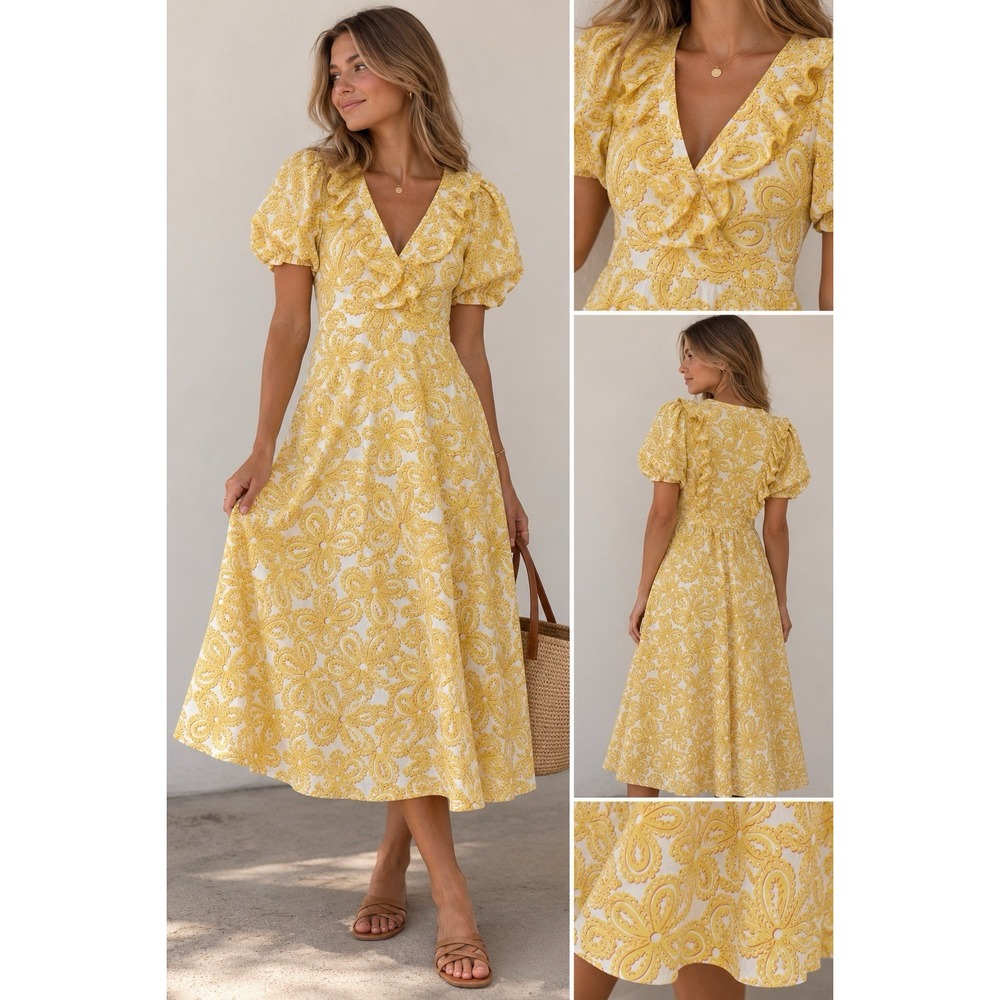 ME+EM LINEN BLEND LACE FLOWER PRINT MIDI DRESS Yellow size 12